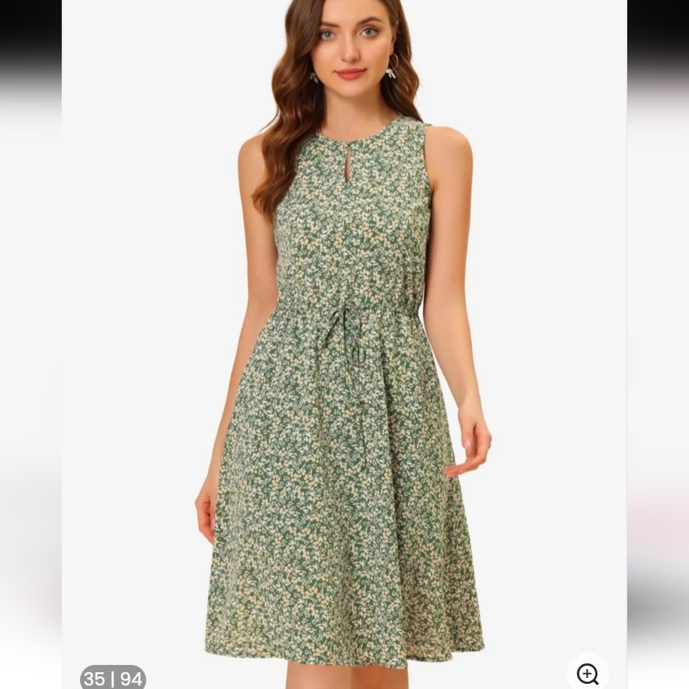 Allegra K Women's Floral Split Neck Drawstring Sleeveless A-Line Midi Dress NWT